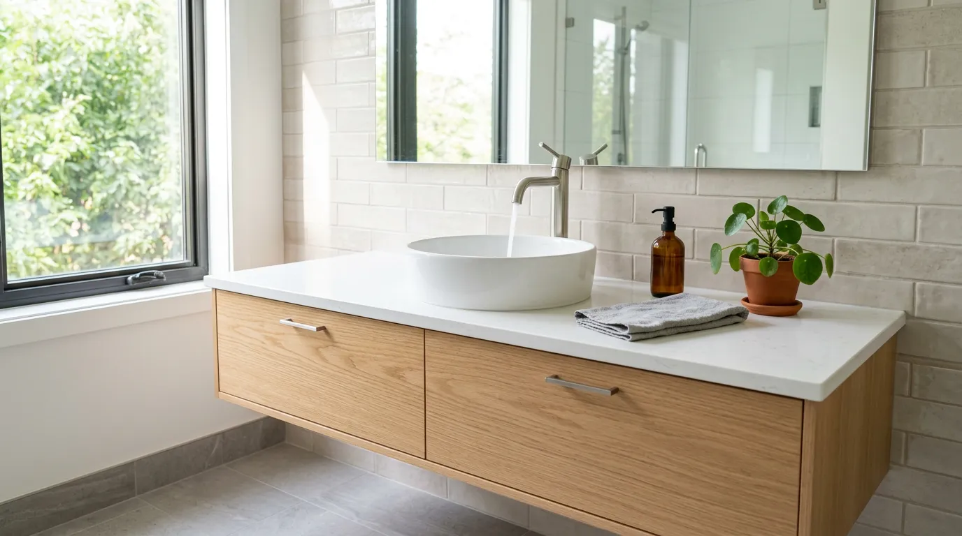 Modern bathroom sink with stainless steel faucet, clean vanity, natural light