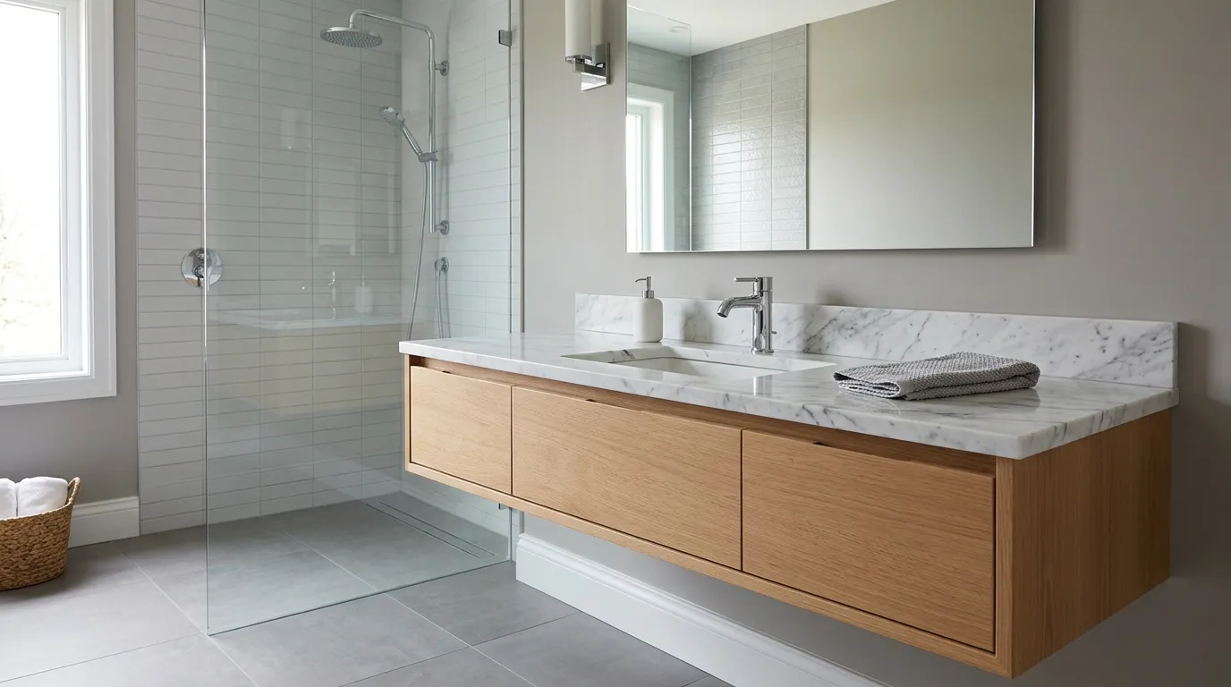 Contemporary bathroom vanity with single-hole basin faucet, marble countertop, minimalist design