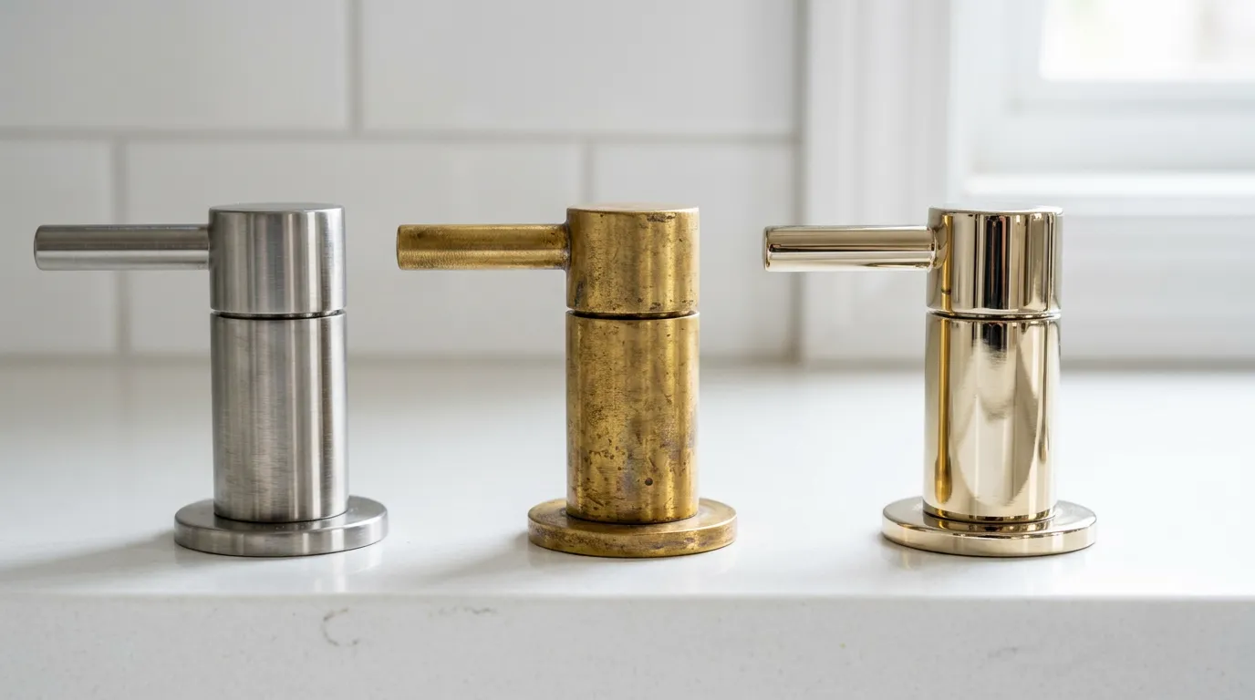 Close-up of three faucet materials side by side—stainless steel, brass, and nickel finishes—on white surface, detailed