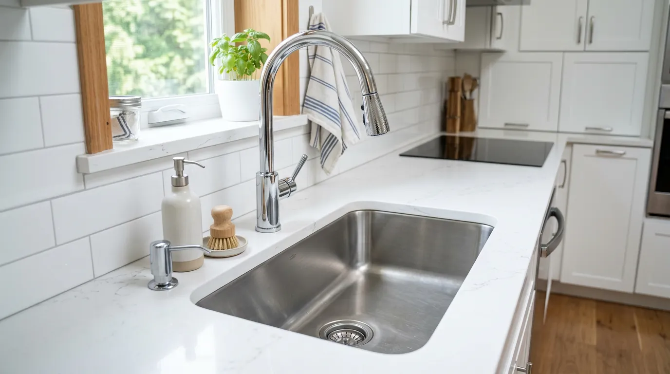 Modern kitchen sink with pull-down faucet, chrome finish, white countertop, clean interior, no people visible