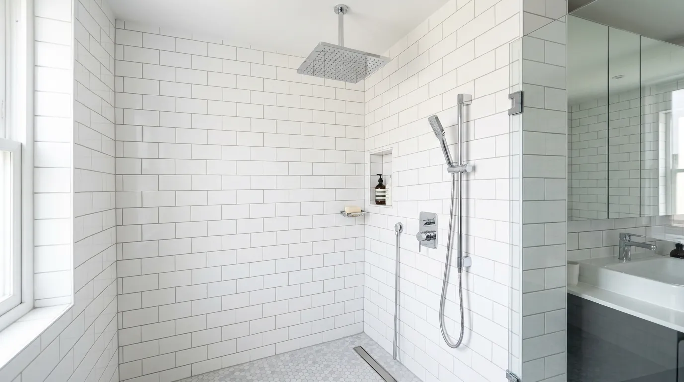 Modern shower wall with rainfall showerhead and chrome fixtures, white tile, clean bathroom interior